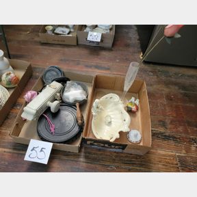 2 Boxes of ceramic trinket container, bud vase and decorative items