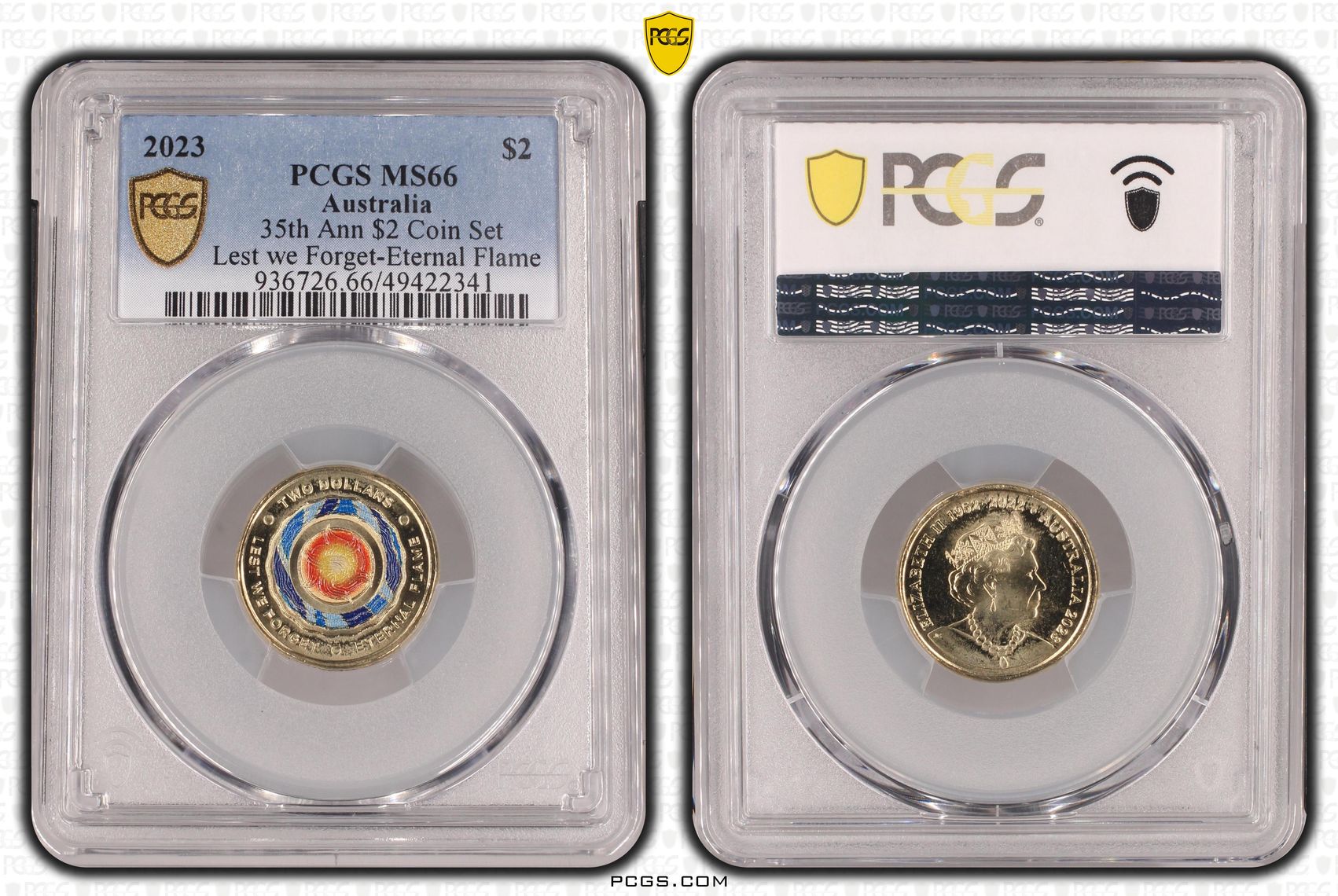 Elizabeth II, 35th Ann $2 Coin Set Lest we Forget Lest we Forget-Eternal Flame, Two Dollar, 2023, PCGS MS66