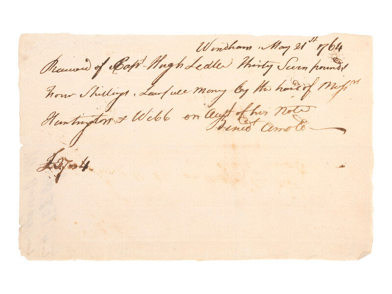 ARNOLD, Benedict (1741-1801). Receipt signed ("Benedt. Arnold"), and issued to a future member of the Connecticut Sons of Liberty. Windham [CT], 21 May [1]764.