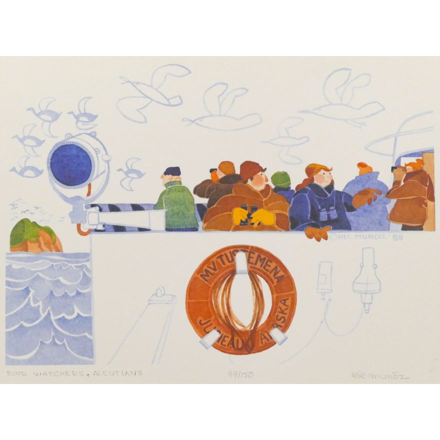 Rie Munoz ''Bird Watchers, Aleutians'' 1988 Signed Print 10.25'' x 12.75'' Sheet.