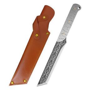DAMASCUS PATTERN KNIFE WITH FULL STEEL HANDLE IN LEATHER SCABBARD (BLADE 18CM TOTAL 34CM) - 52055/10208