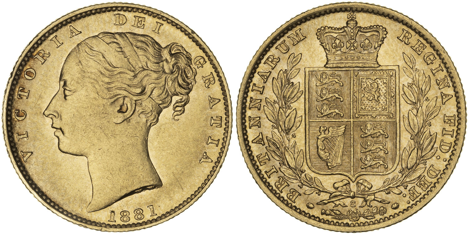 Victoria, Shield Reverse, Sovereign, 1881-S, EF
