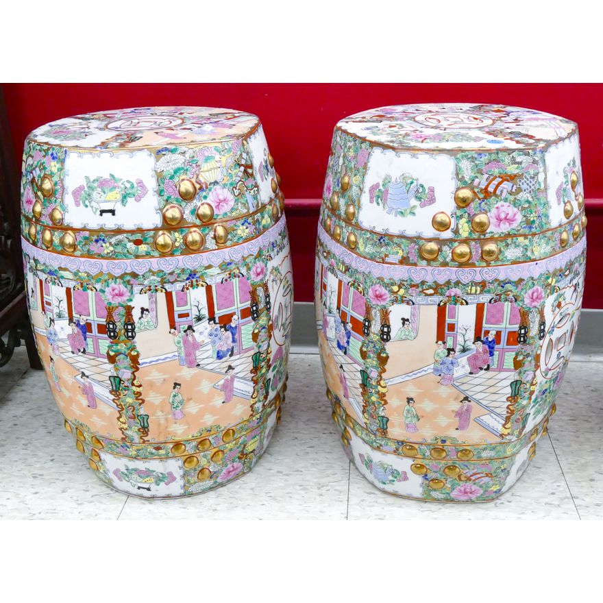 Pair Chinese Rose Canton Porcelain Garden Stools 19''