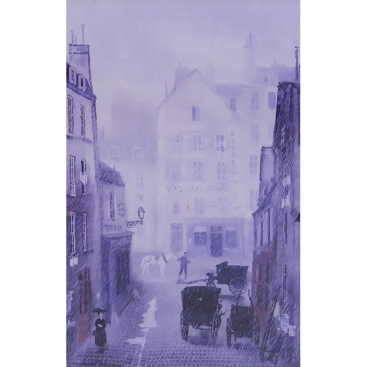 Michel Delacroix 'Paris in the Rain' Lithograph. Plate signed. Framed. Image measures 24.5x15.5'' with overall framed dimensions of 34x25''