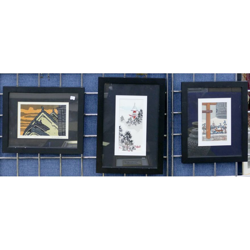 3pc Japanese Modern Temple Woodblocks Framed