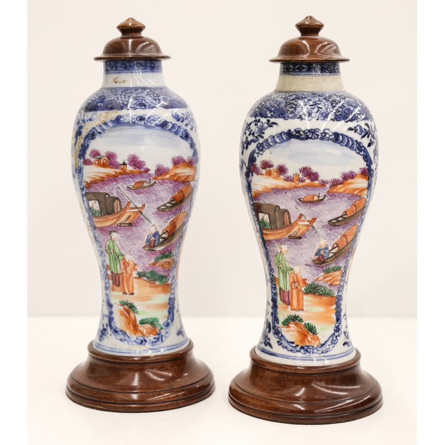 Pair Chinese Export Covered Vases on Stands