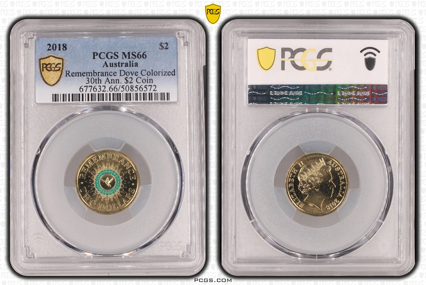 415 · Remembrance Dove Colorized 30th Ann. $2 Coin, Two Dollar, 2018, PCGS MS66