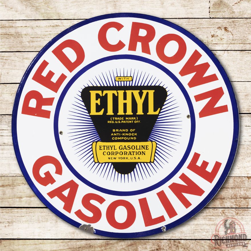 30" Red Crown Gasoline w/ Ethyl Double Sided Porcelain Sign TAC 8.5