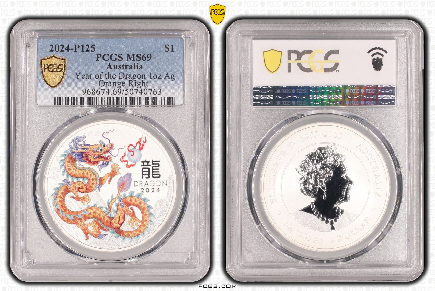 Year of the Dragon 1oz Ag Orange Right , One Dollar, 2024-P125, PCGS MS69