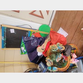 plastic bowling, play mat, chalk board and other misc items