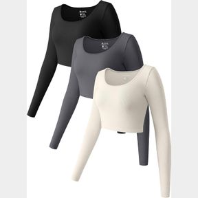 OQQ WOMEN'S 3 PIECE SHIRT LONG SLEEVE ROUND NECK STRETCH FITTED UNDERSCRUBS LAYER CROP, BLACK,DARKGREY,BEIGE, LARGE