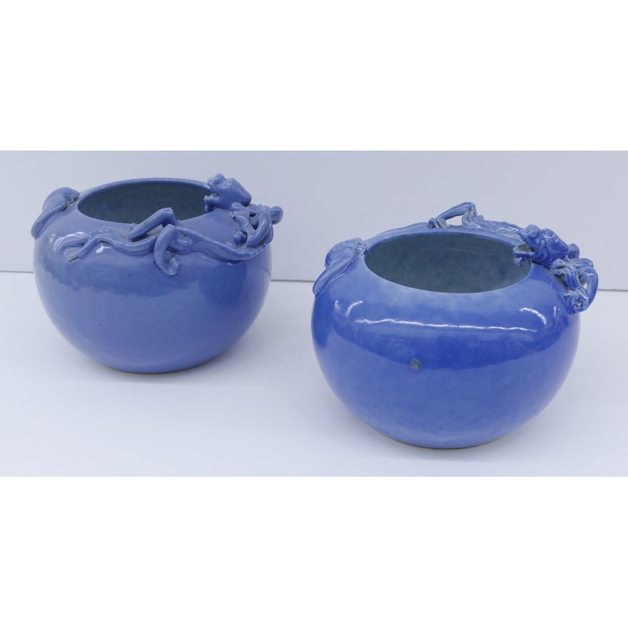 Pair Chinese Republic Blue Monochrome Dragon & Bat Bowls