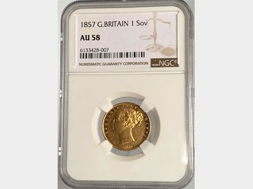 1857 VICTORIA YOUNG HEAD 'W.W. INCUSE' SHIELD GOLD SOVEREIGN AU58