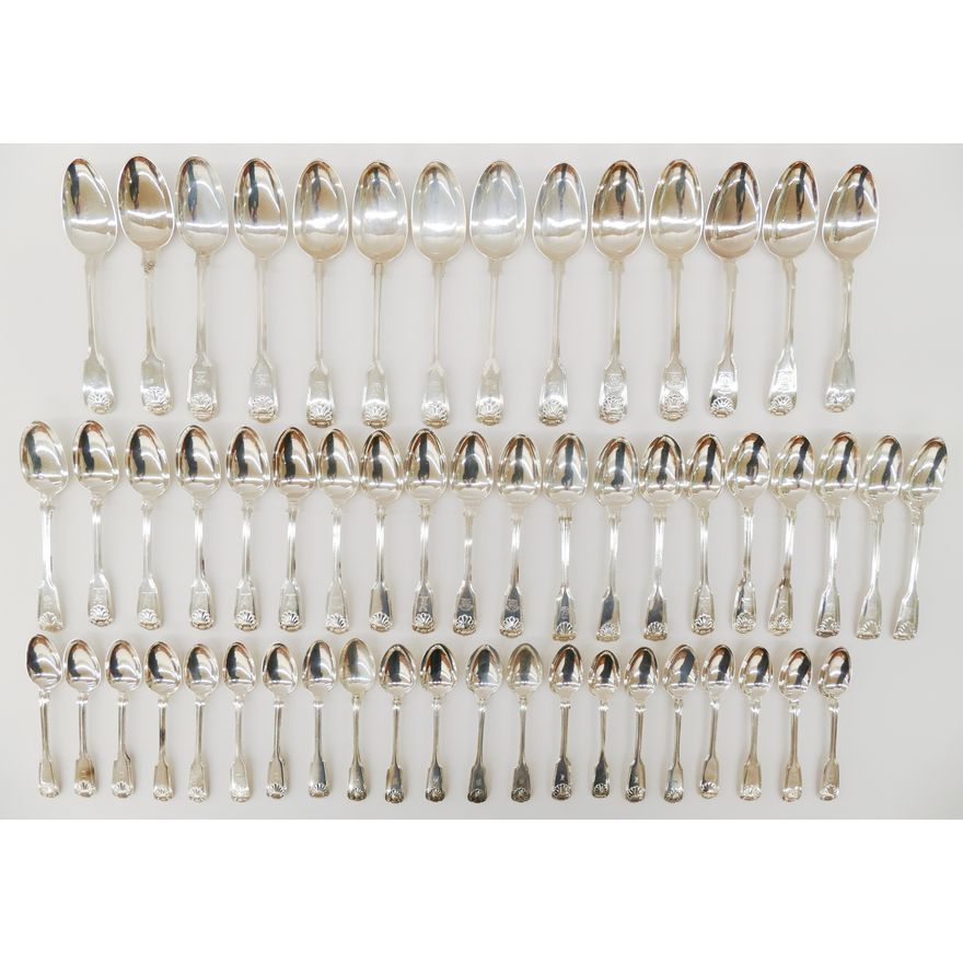 54pc Antique English Sterling Fiddle Thread & Shell Spoon