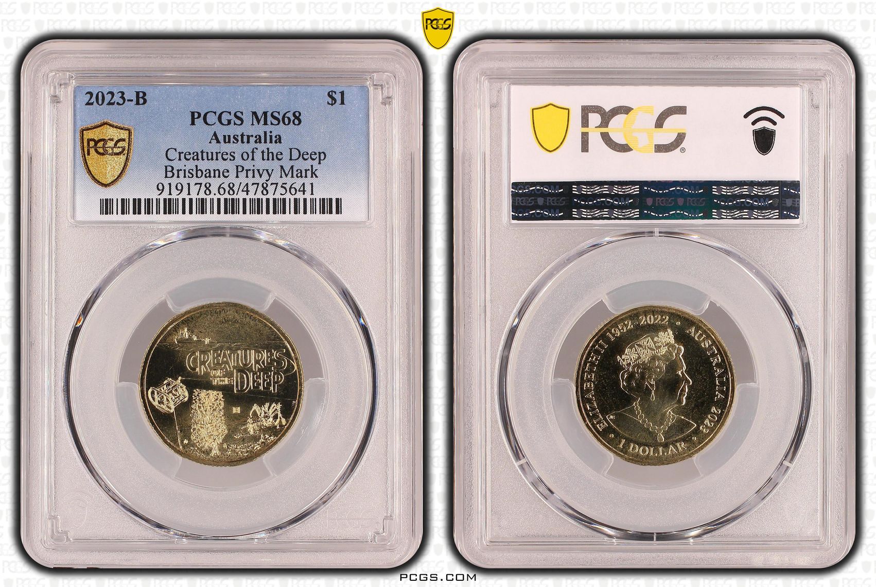 304 · Elizabeth II, Creatures of the Deep Privy Mark  POP 27/0, One Dollar, 2023-B, PCGS MS68