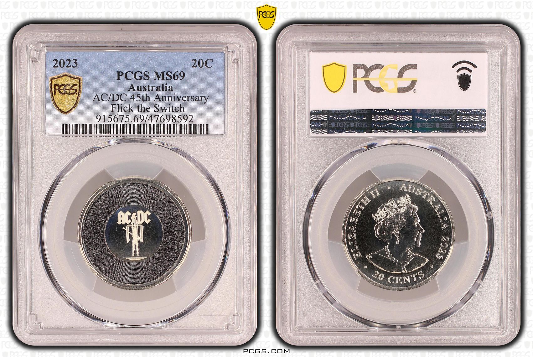 Elizabeth II, AC/DC 45th Anniversary - Flick the Switch, Twenty Cent, 2023, PCGS MS69