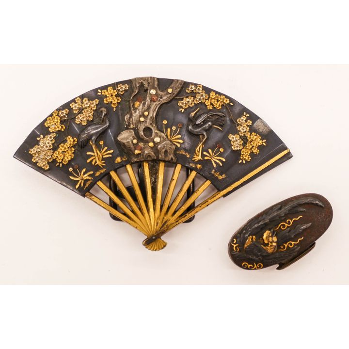2pc Fine Japanese Shakudo Fan Buckle and Kashira