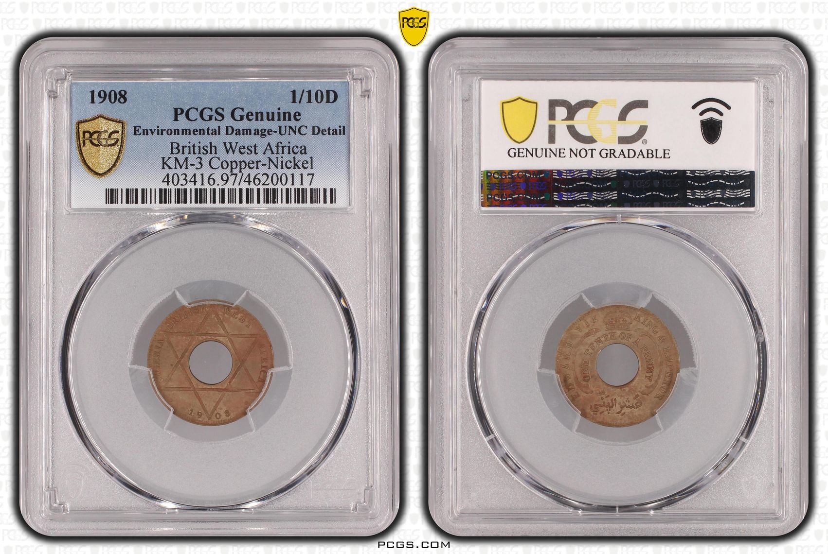 British West Africa, KM-3 Copper-Nickel, One Tenth Penny, 1908, PCGS Genuine - UNC Details (97 - Environmental Damage)