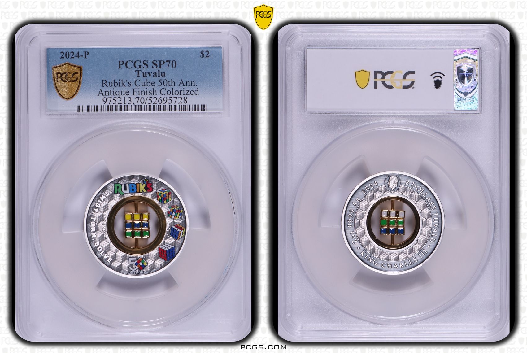 Tuvalu, Rubik's Cube 50th Ann. Antique Finish Colourised, Two Dollars, 2024-P, PCGS SP70