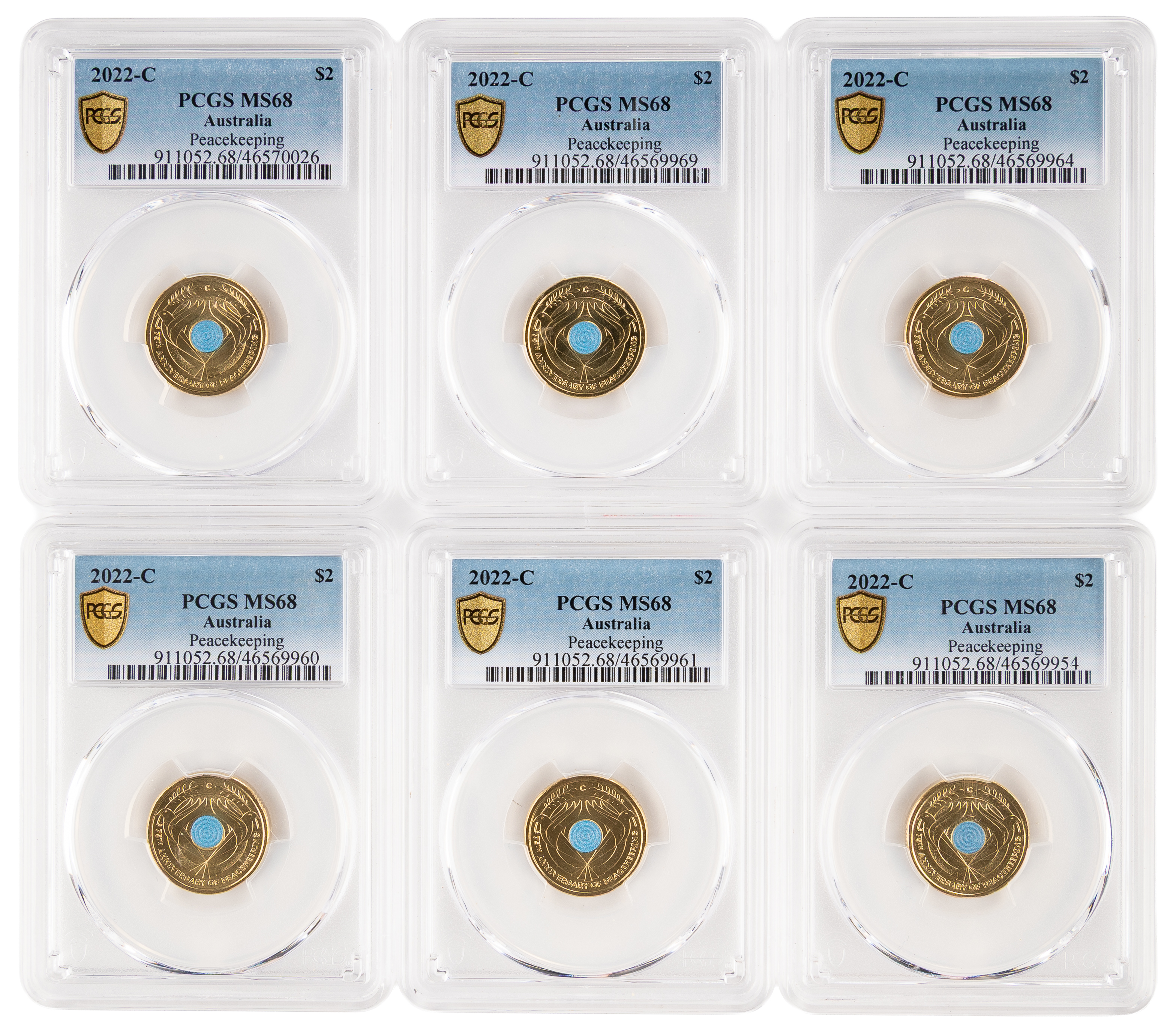 6x Peacekeeping Colourised, Two Dollar, 2022-C, PCGS MS68