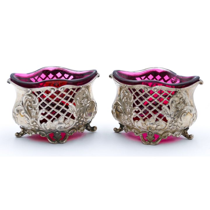 Pair Engilsh Sterling Rococo Cranberry Glass Salts 2.5''