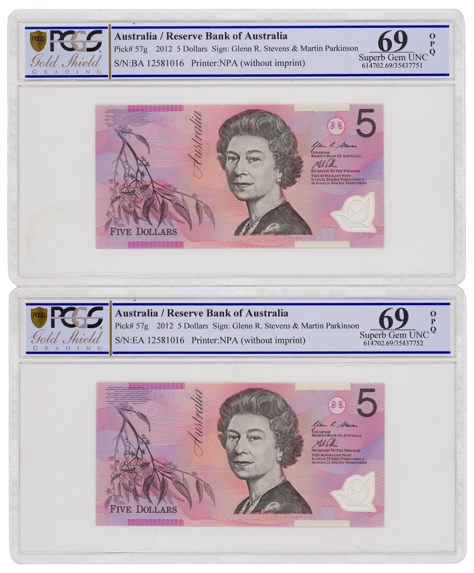 Stevens/Parkinson, First/Last Prefix Pair, Five Dollar, 2012, PCGS Gem UNC 69 PPQ