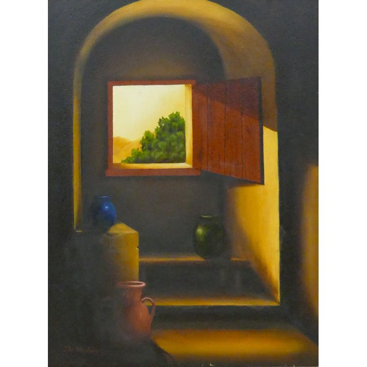 Jan Haelsig ''Sunset Interior'' Oil on Masonite Framed 21''x17''