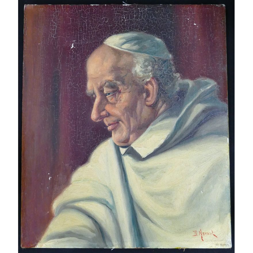 Antique D. Heusch Portrait of Pope Oil Painting 14''x12'' - Some flaking