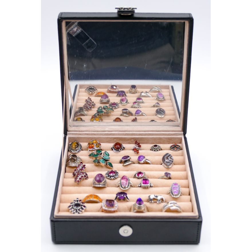 Display 26pc Sterling Assorted Stone Rings - Amber, Agate, etc.