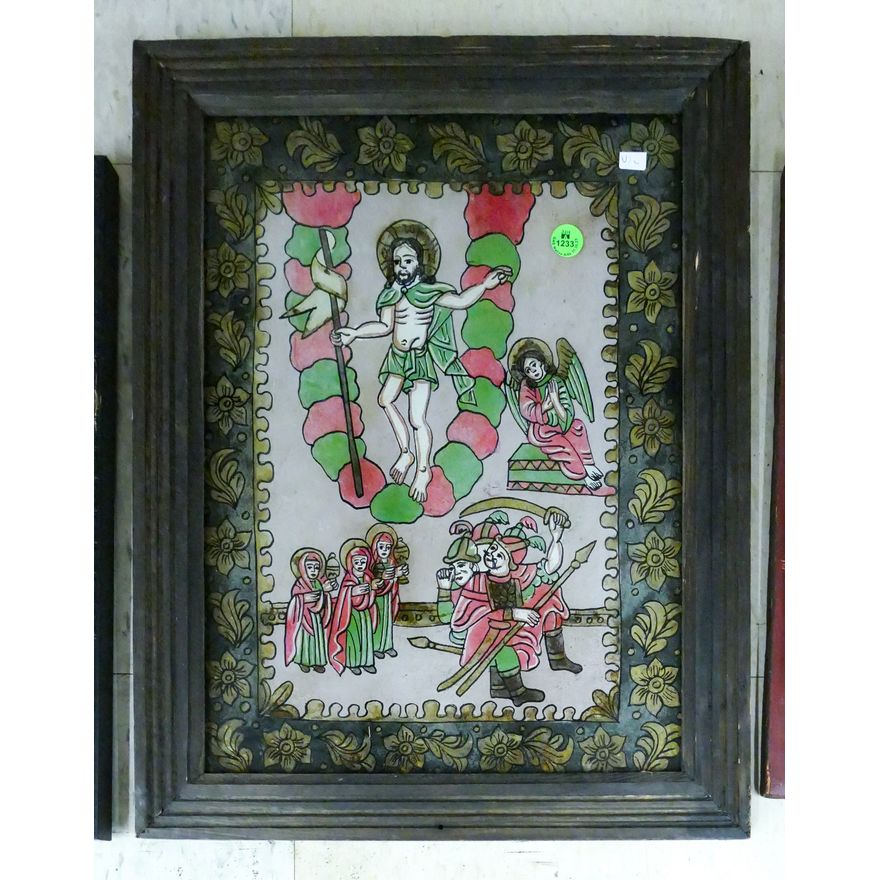 Spanish Reverse Painted Religious Icon Framed 18''x14''