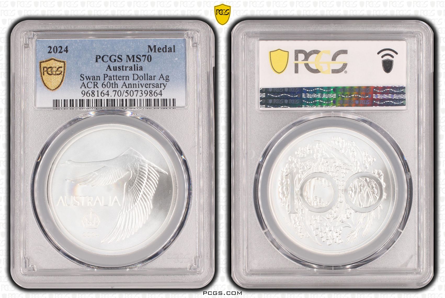 Swan "Pattern Dollar" Ag ACR 60th Anniversary, Medal, 2024, PCGS MS70