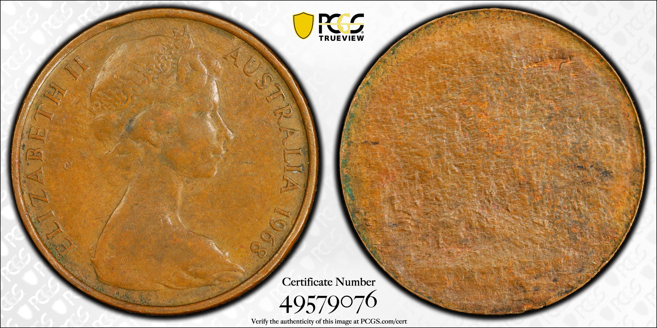 108 · Elizabeth II, Split Planchet, Two Cent, 1968, PCGS XF40BN