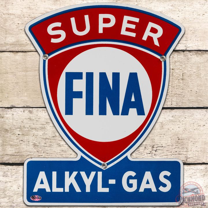 1957 Fina Super Alkyl Gas Keyhole SS Porcelain Pump Plate Sign