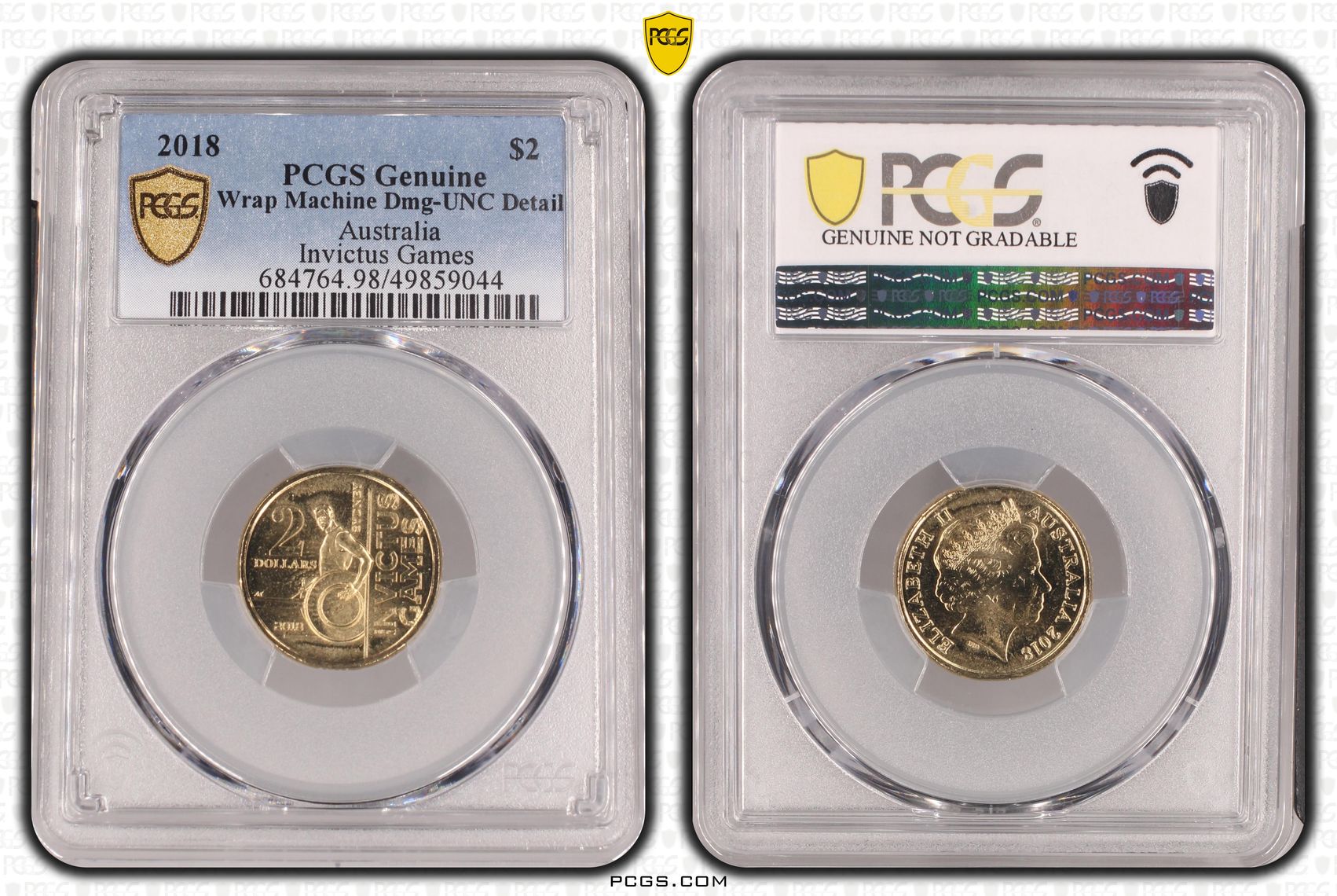 455 · Elizabeth II, Invictus Games, Two Dollar, 2018, PCGS Genuine  - UNC Details (98 - Damage)