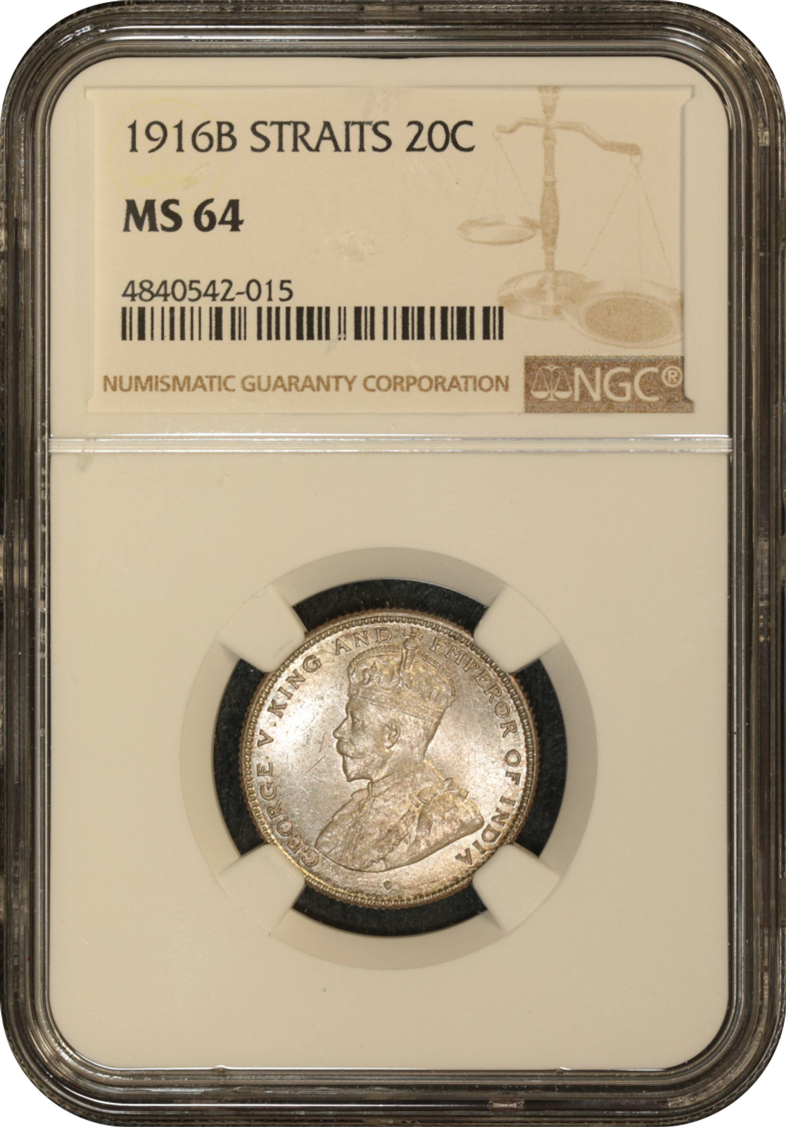 Straits Settlements 1916B KGV 20 Cents NGC MS64 Scarce Date