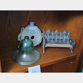 Decorative small bench, glass bell and decorative bird house
