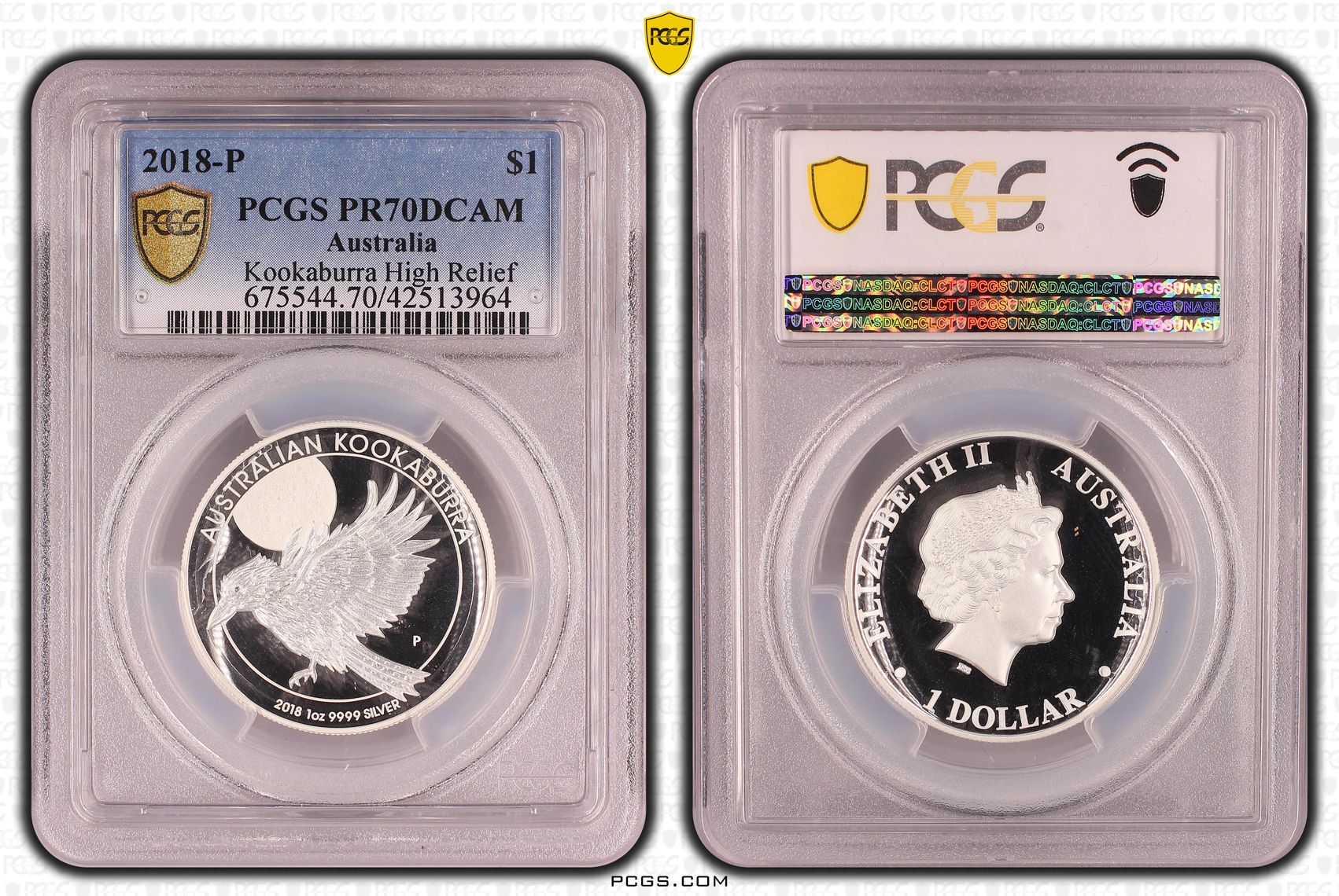 Elizabeth II, Silver, Kookaburra High Relief, One Dollar, PR70DCAM , 2018-P PCGS POP - 108/0