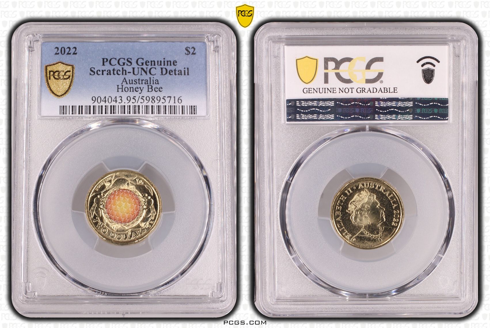 Honey Bee Colourised, Two Dollar, 2022, PCGS Genuine - UNC Details (95 - Scratch)