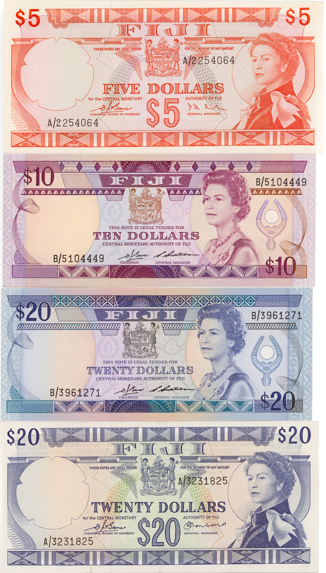 Fiji, Elizabeth II, Five Dollars - Twenty Dollars, 1974 - 1986, aUNC