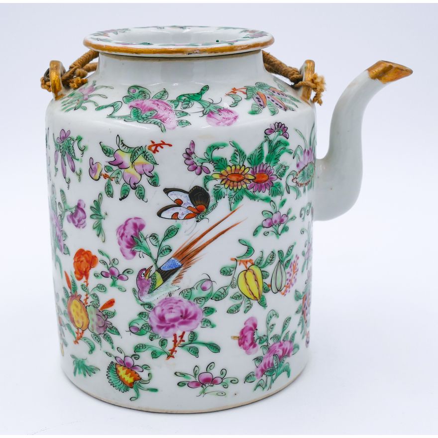 Old Chinese Porcelain Floral Canton Teapot 6''