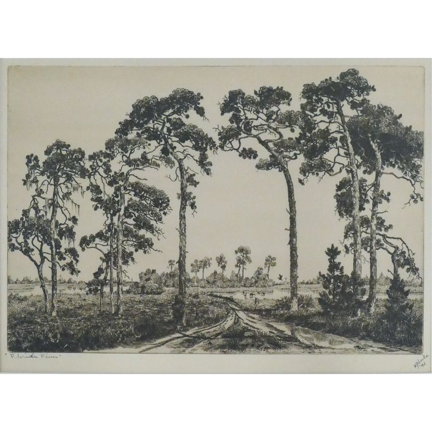 Walter R. Locke ''Florida Pines'' 1943 Signed Etching Matted 16''x20''