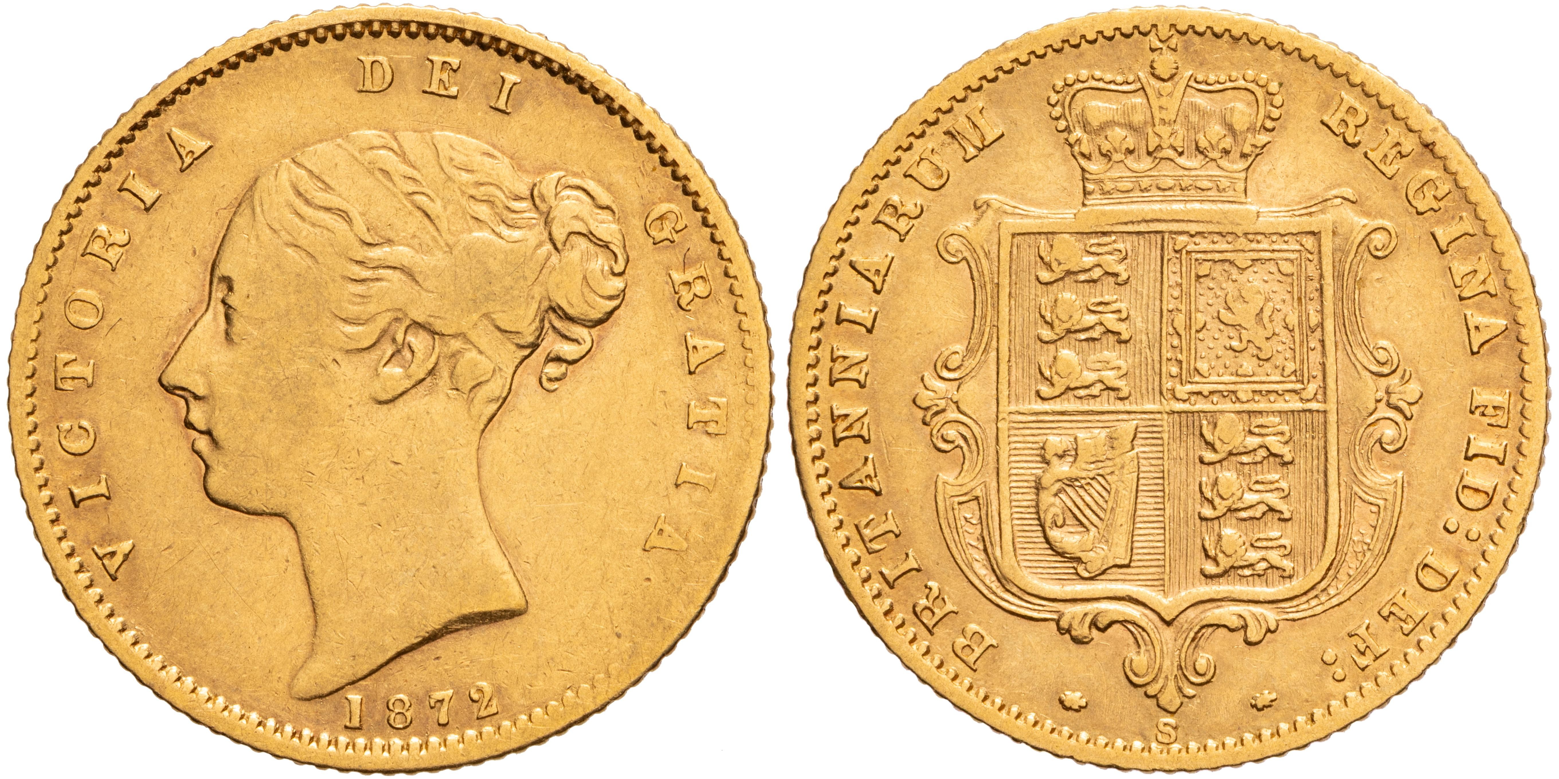 Victoria, Shield Reverse - Young Head, Half Sovereign, 1872-S, Fine