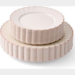 BY MADEE HEAVYWEIGHT 60 PC SCALLOPED IVORY AND ROSE GOLD PLATES | HIGH END DISPOSABLE PLATES | 30 DINNER PLATES & 30 DESSERT PLATE