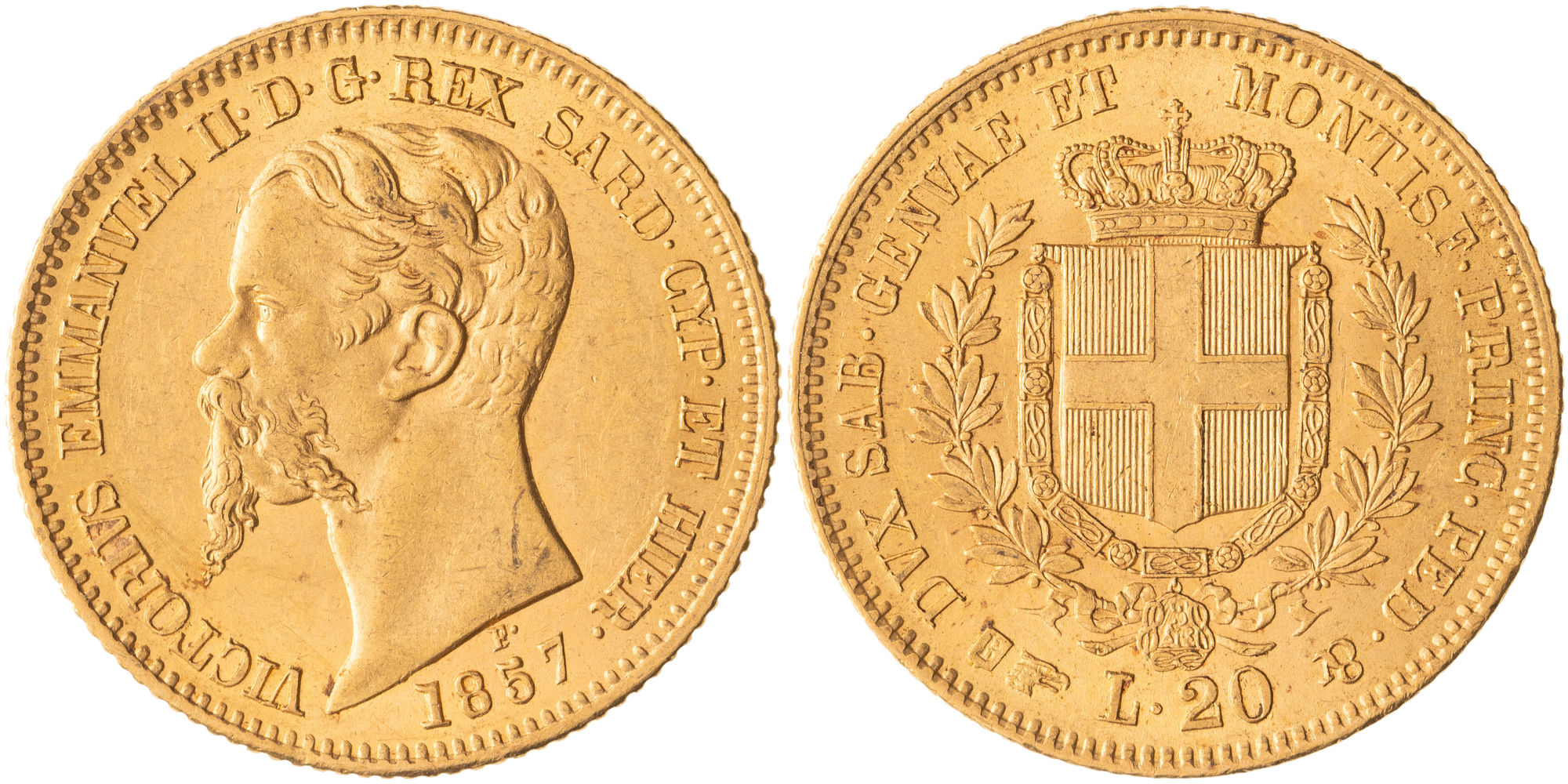 Italian States, Victor Emmanuel II, Kingdom of Piedmont-Sardinia, Twenty Lire, 1857-B, gEF