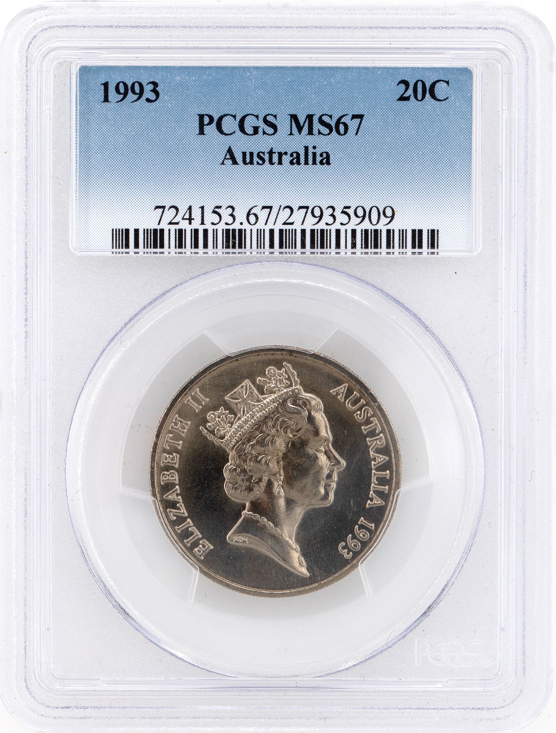 1993 Australia Twenty Cent, 20c PCGS - MS67 -909