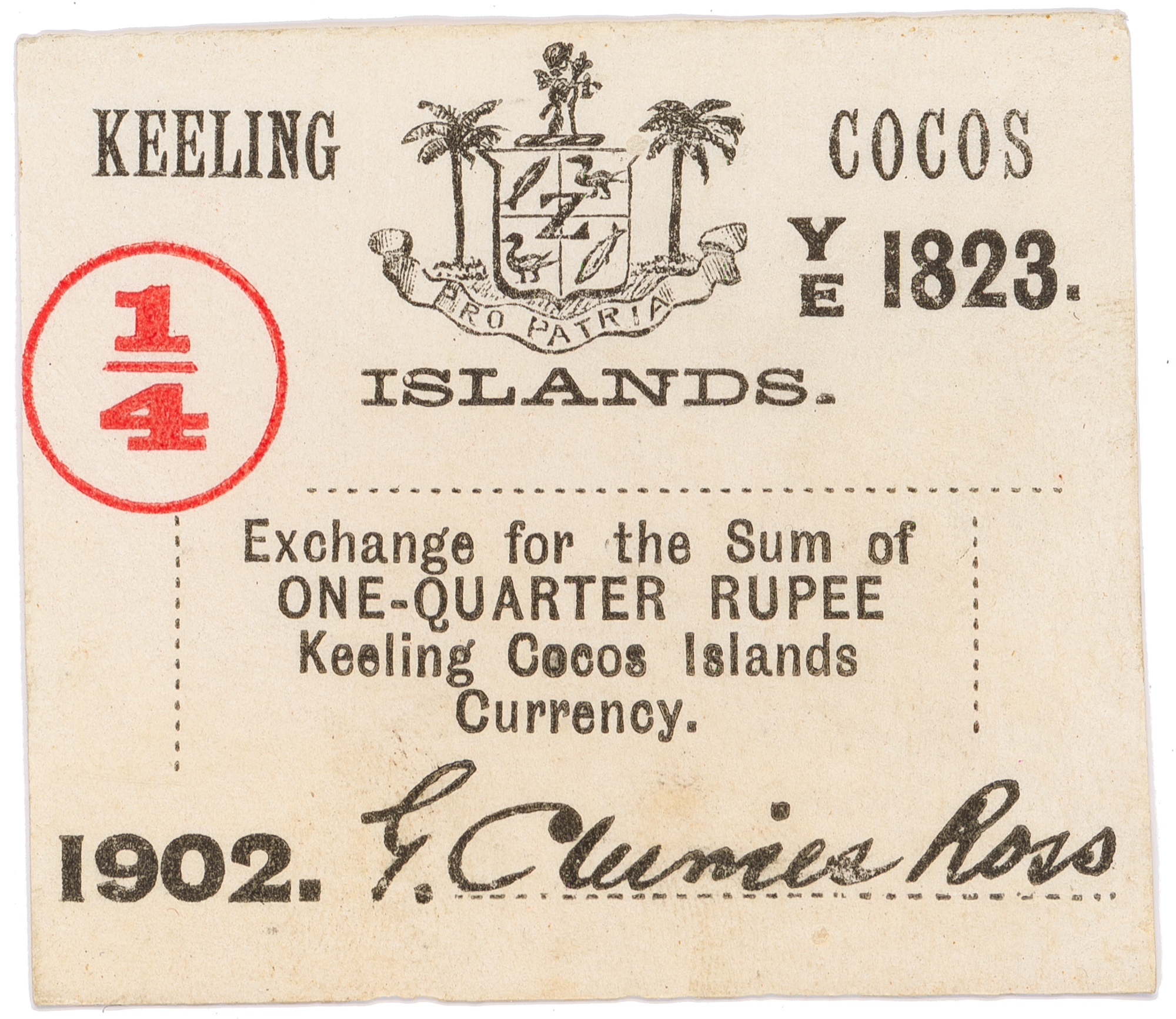 Keeling Cocos Islands, John Clunies-Ross, One Quarter Rupee, 1902, UNC