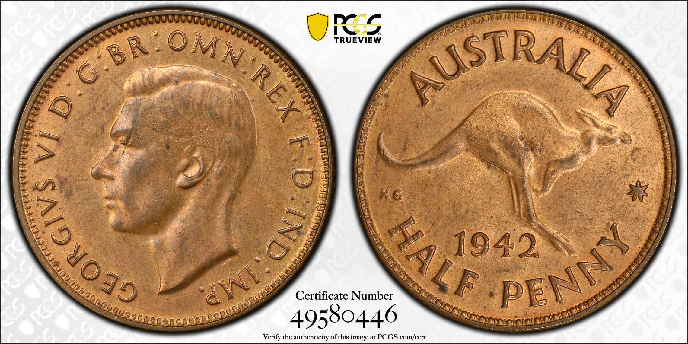 George VI, Halfpenny, 1942, PCGS MS64RB