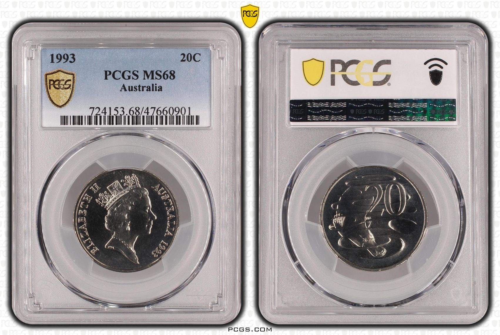 59 · Elizabeth II, Twenty Cent, 1993, PCGS MS68