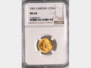 1907 EDWARD VII LONDON MINT GOLD HALF SOVEREIGN MS64