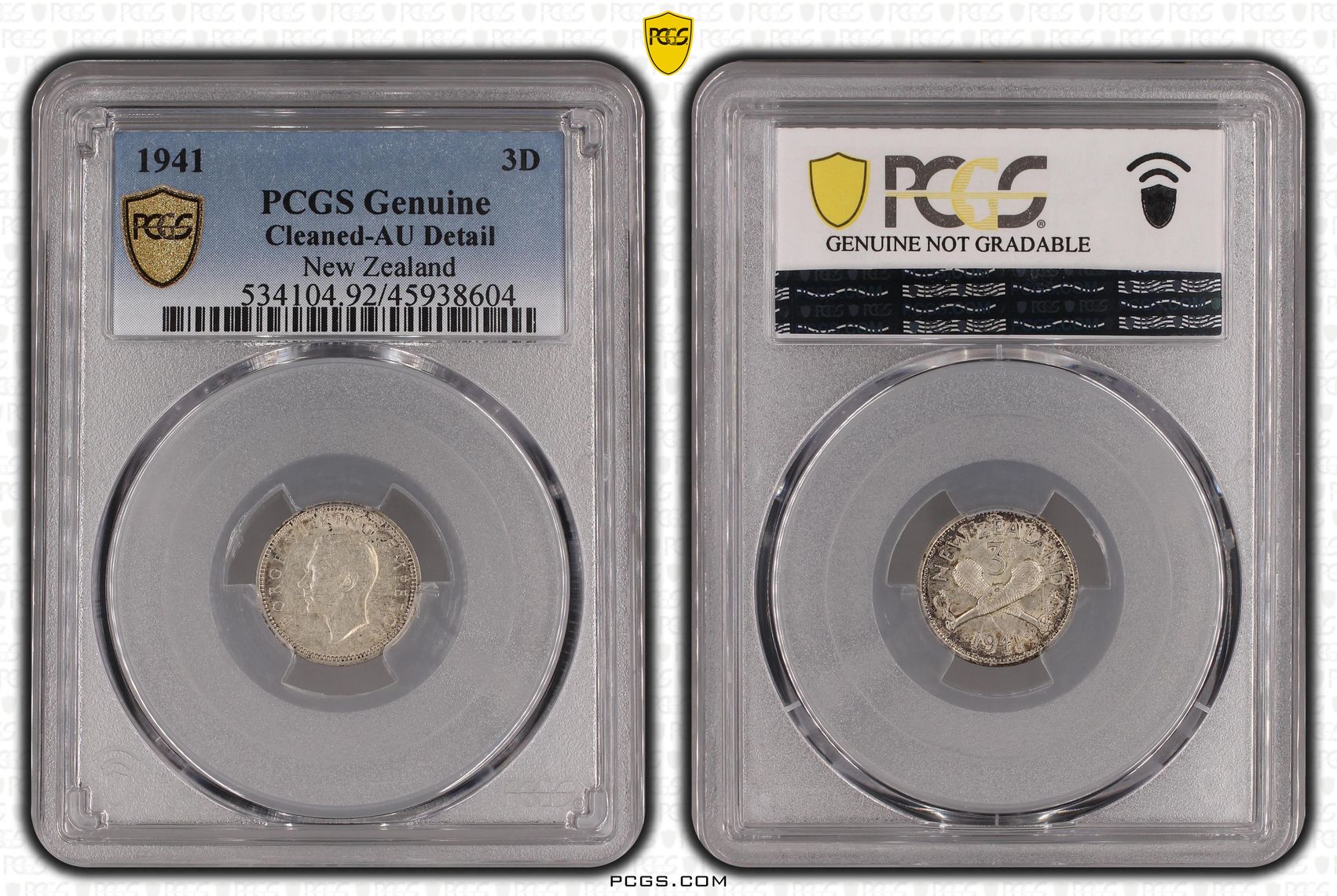 1941 New Zealand Threepence Silver PCGS - Genuine - AU Details (92 - Cleaned) -604